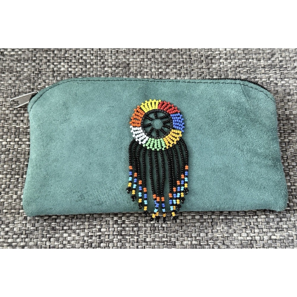 Dream Catcher Small Green Soft Suede Coin Pocket Purse with‎ Zipper & Beads